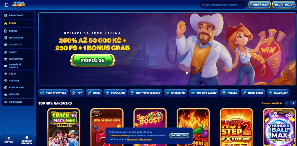 Spins of Glory Casino vám dá 200% bonus až do výše 50 000 Kč + 250 roztočení zdarma